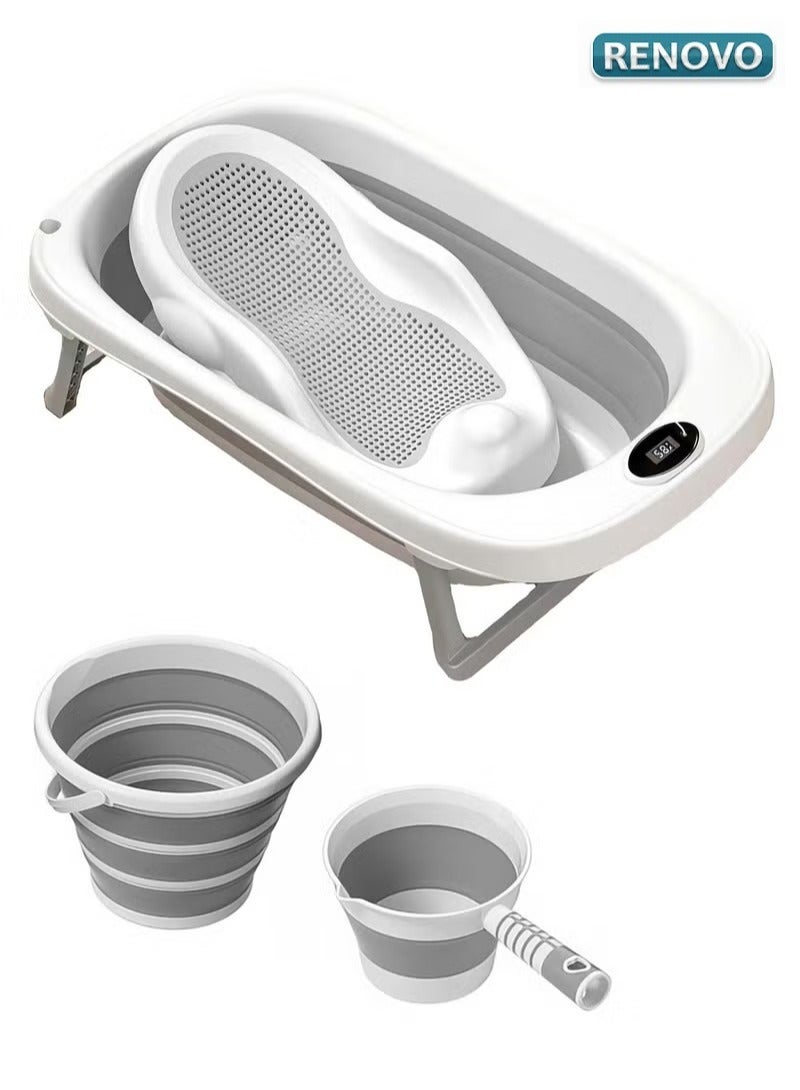 رينوفو حوض استحمام 4 في 1 قابل للطي للأطفال حديثي الولادة مع حوض استحمام سيليكون للأطفال، دلو قابل للطي ومغرفة مياه قابلة للطي للأطفال من عمر 0 ​​إلى 3 سنوات، رمادي - Image 1